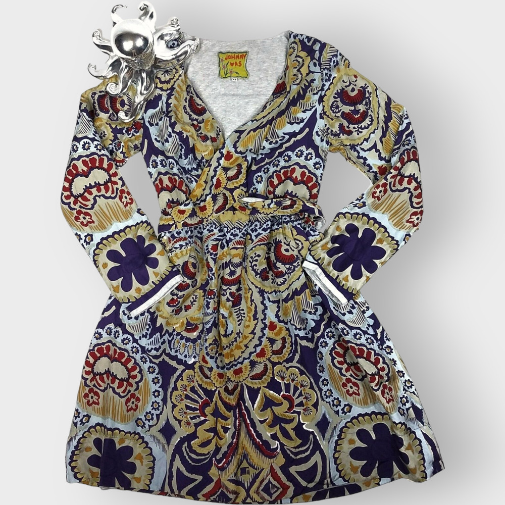 Johnny Was 100% Silk Dress Long Sleeve Floral Wrap Boho Fully Lined Pockets XS
